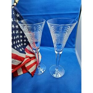 2 Waterford Crystal SPIRIT of AMERICA Fluted Champagne Glass American Flag 9"